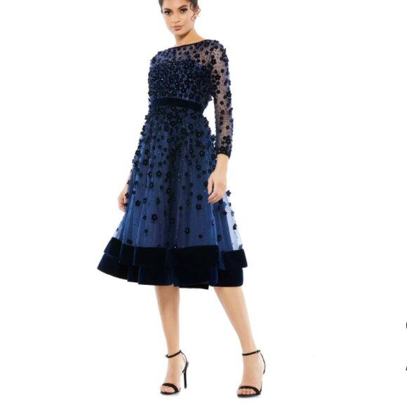 MAC DUGGAL 67007 ELEGANT FLORAL COCKTAIL MIDNIGHT NAVY MIDI DRESS sz 0 - Picture 4 of 4